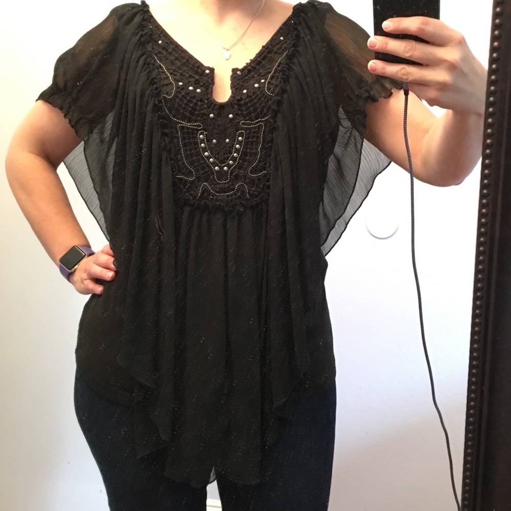 Black embellished gypsy peasant top